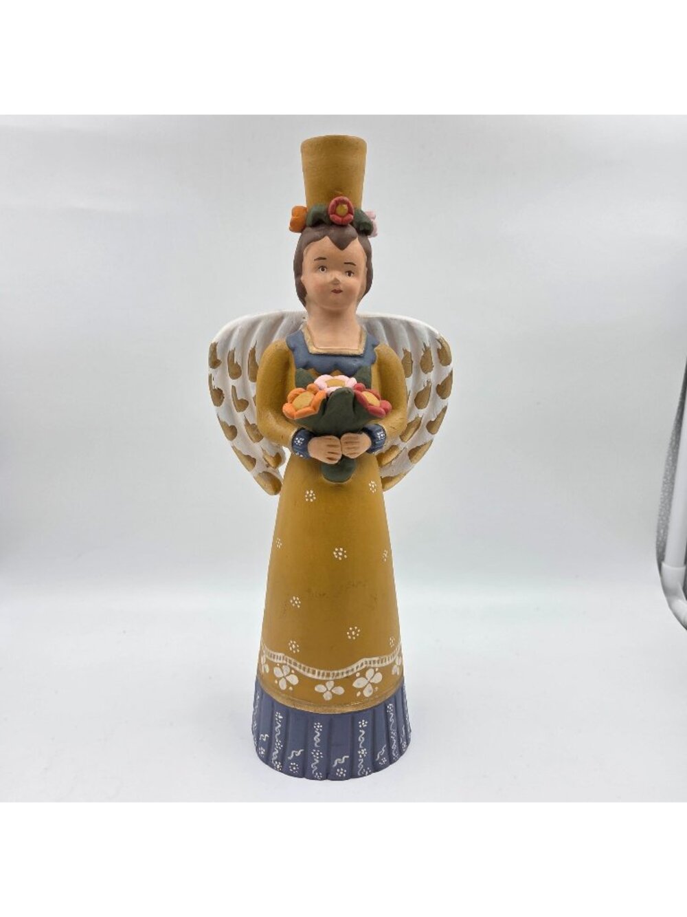 Peruvian Hand Painted Terra Cotta Angel Candle Holder Folk Art Yellow